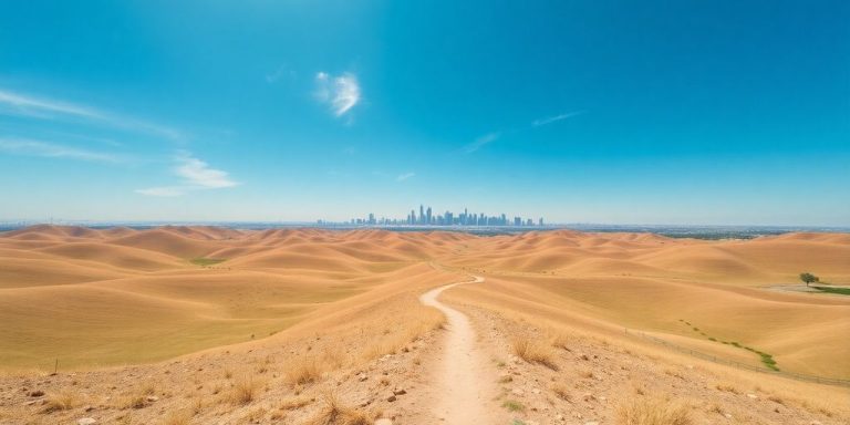 Landscape with winding path, distant city, and clear sky.
