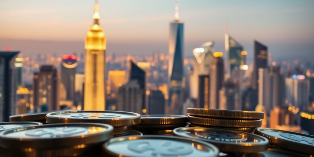 Digital coins and a diverse global cityscape.