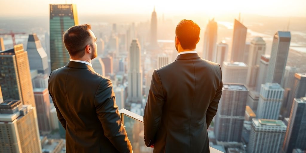 Man in suit overlooking city skyline.