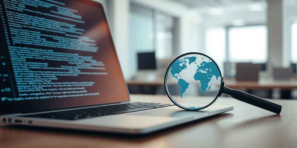 Laptop, code, magnifying glass, global map