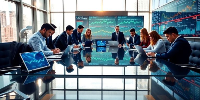 Business professionals gathered around conference table with vibrant screen displays