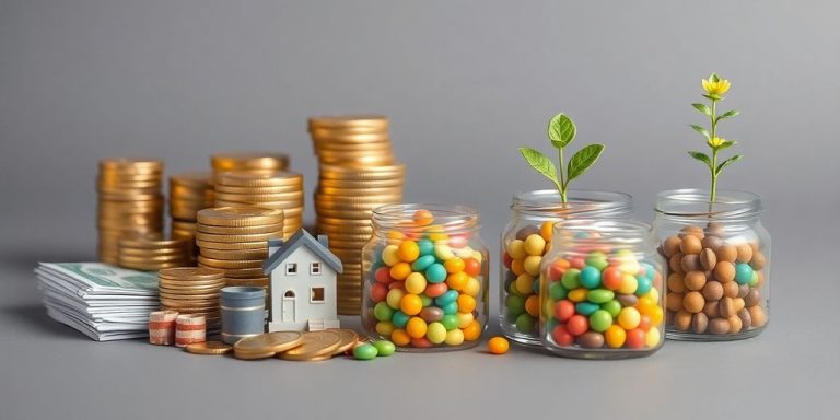 Diverse financial assets arranged on a table.