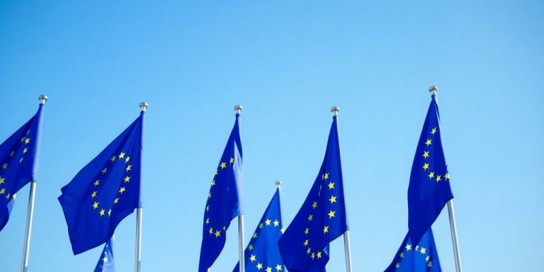 European flags waving under blue sky.