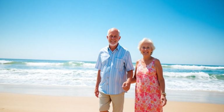 Couple smiling, holding hands on beach