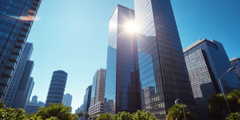 High-rise buildings, green spaces, urban landscape.