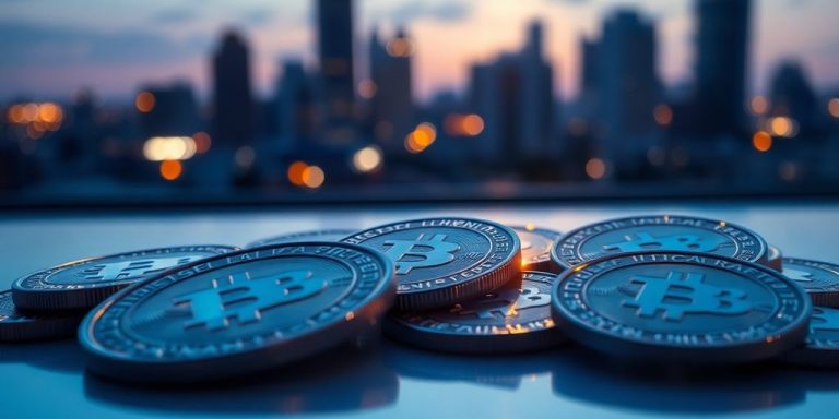 Golden cryptocurrency coins on reflective surface with glowing city skyline