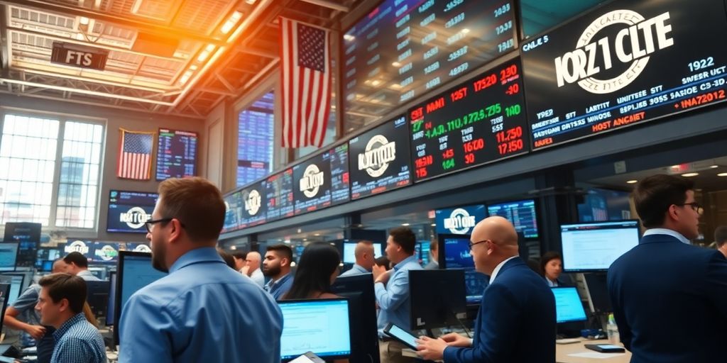 Busy traders on a bright stock exchange floor.