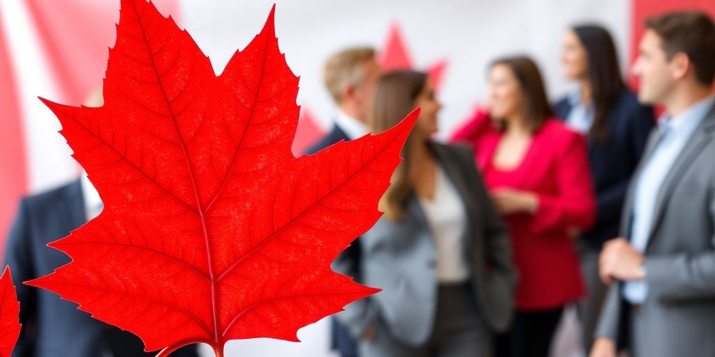 Maple leaf, Canadian flag, diverse business people