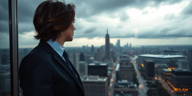 Businessperson standing by window with stormy skyline view and raindrops.