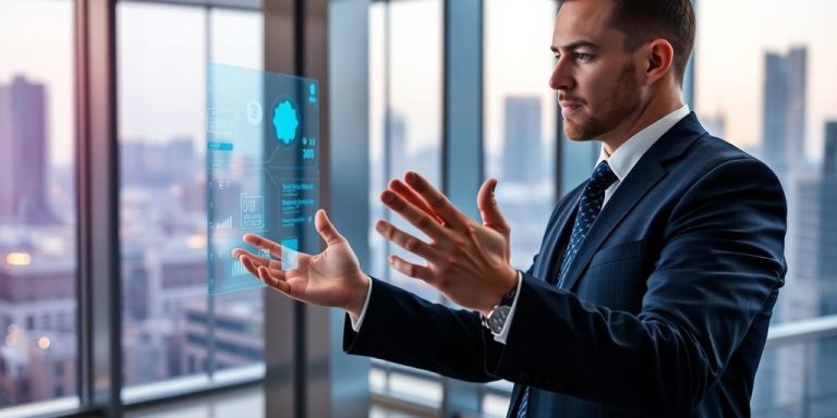 Business professional interacting with futuristic touchscreen in modern office environment