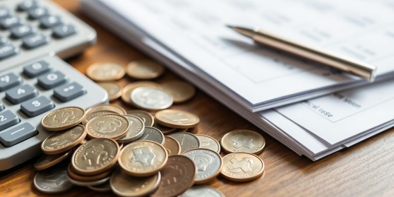 Coins, calculator, and financial documents