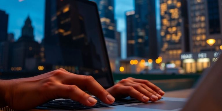 Laptop, financial district, city lights