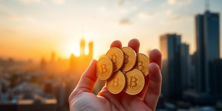 Hand holding five shining gold coins against sunrise city skyline.