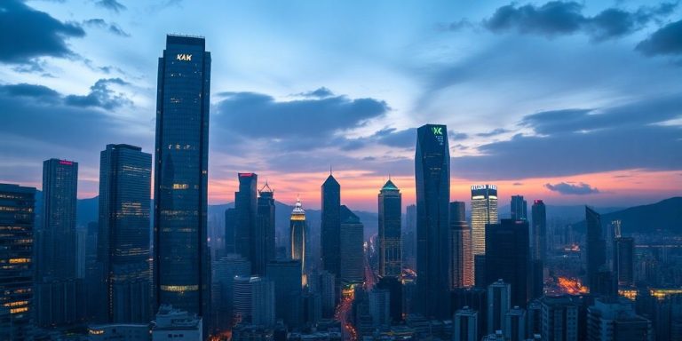 Financial district skyline with modern skyscrapers.