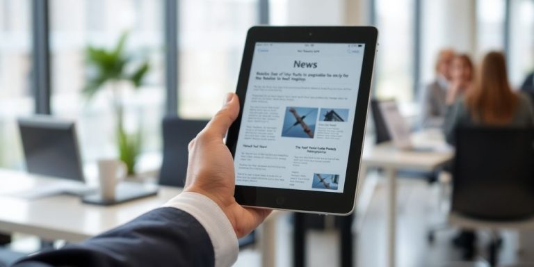 Business professional looking at financial news.