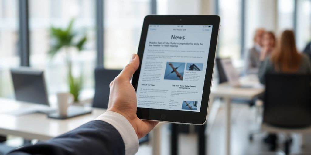 Business professional looking at financial news.