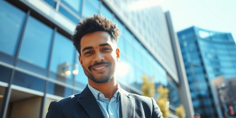 Man standing outside a financial building