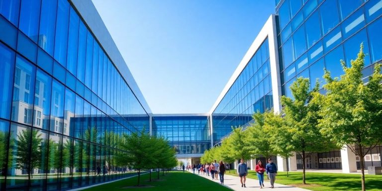 Futuristic campus building with students