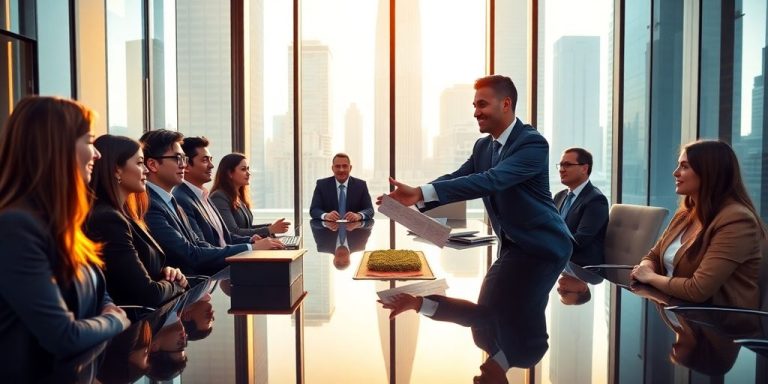 Business professionals shaking hands in modern boardroom overlooking city skyline