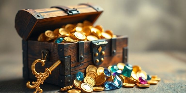 Golden key opening a treasure chest filled with coins.