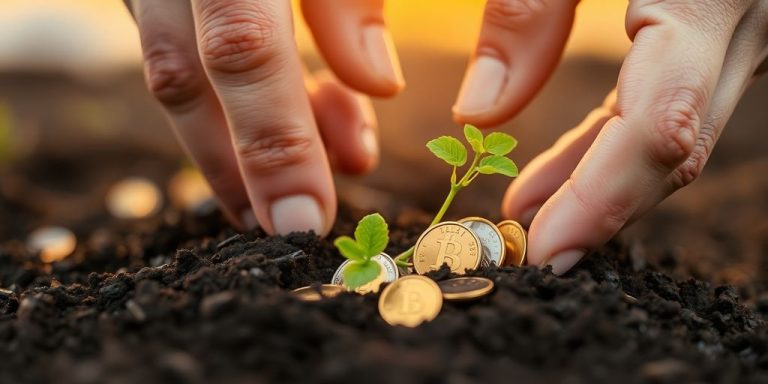 Hands carefully placing coins into a growing plant.