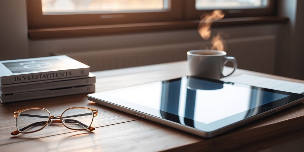 Wooden desk with tablet, investment books, glasses, and morning coffee.