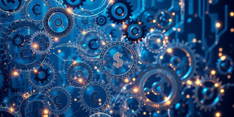 Abstract gears, data, and money flowing together.