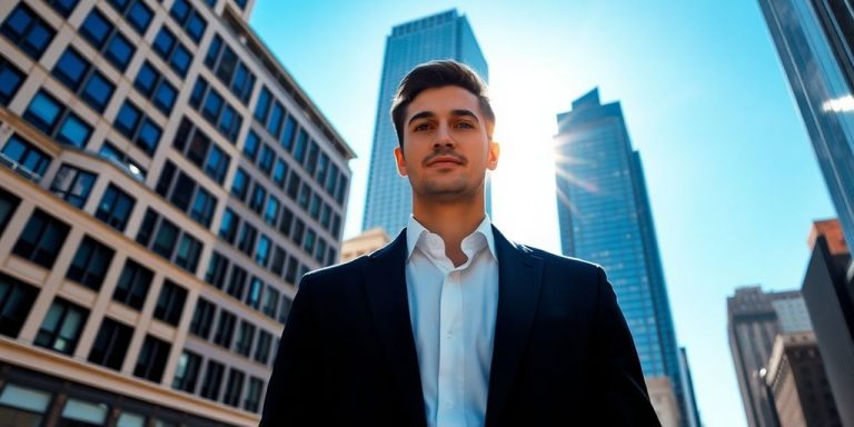Person in suit, city background, financial district.