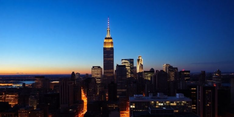 New York City skyline, financial district.
