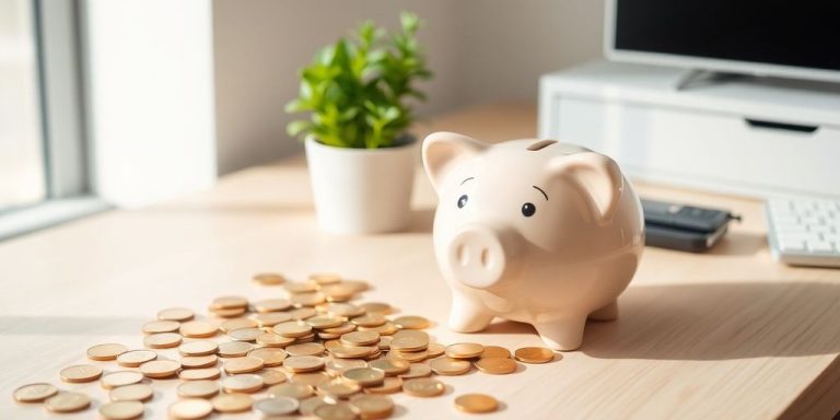 Piggy bank, coins, and plant on wooden desk.