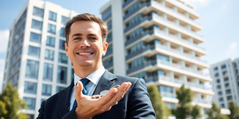 Man smiling, holding coins, with building in background.