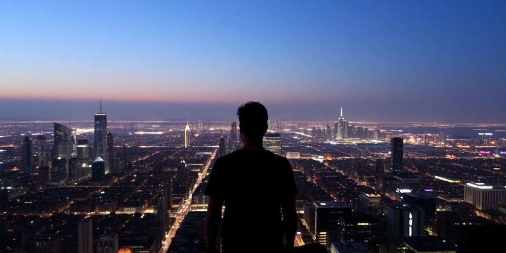 Person looks at bright city skyline.