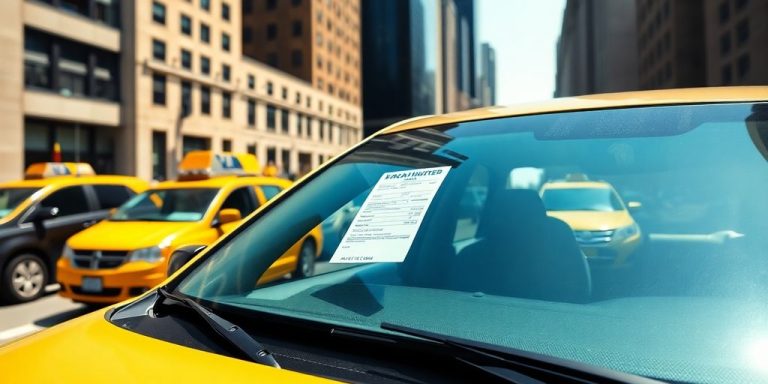 Car parked in busy NYC street, parking ticket on windshield.