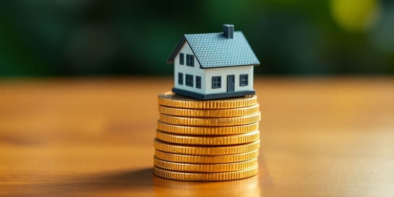 Coins stacked with a miniature house on top.