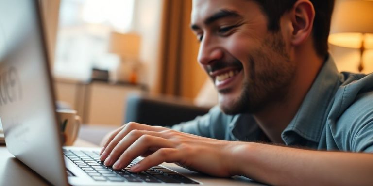 Man's hand holding a laptop and smiling.