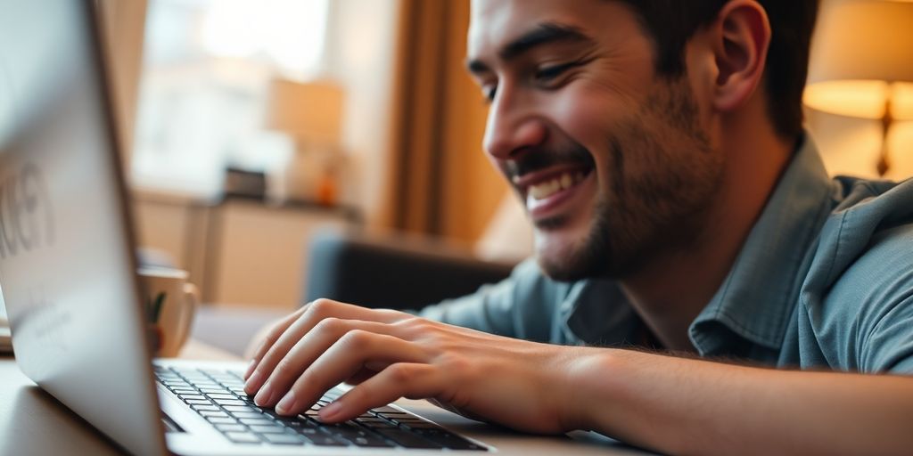 Man's hand holding a laptop and smiling.