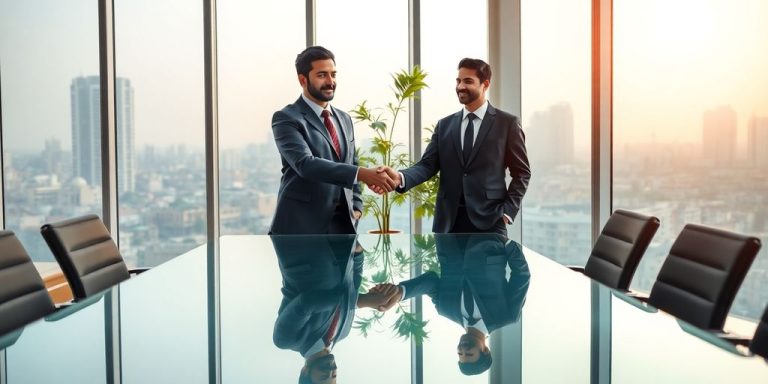 Two professionals shaking hands by Mumbai skyline in bright office