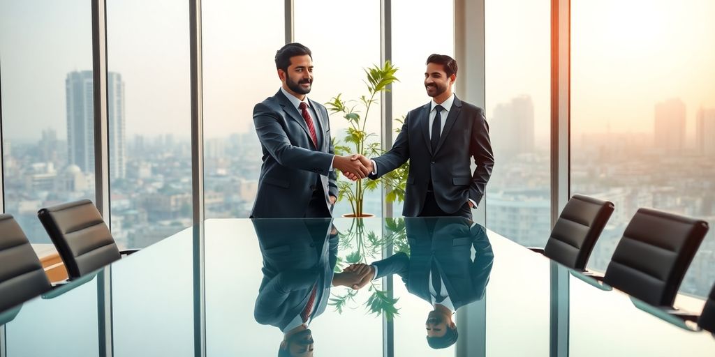 Two professionals shaking hands by Mumbai skyline in bright office