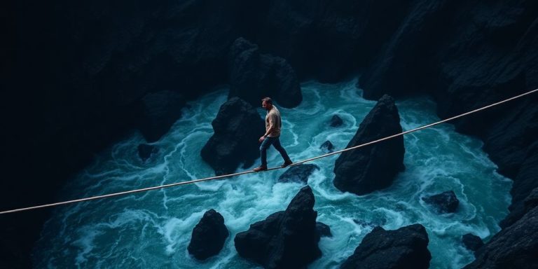Man walking tightrope over precarious investments