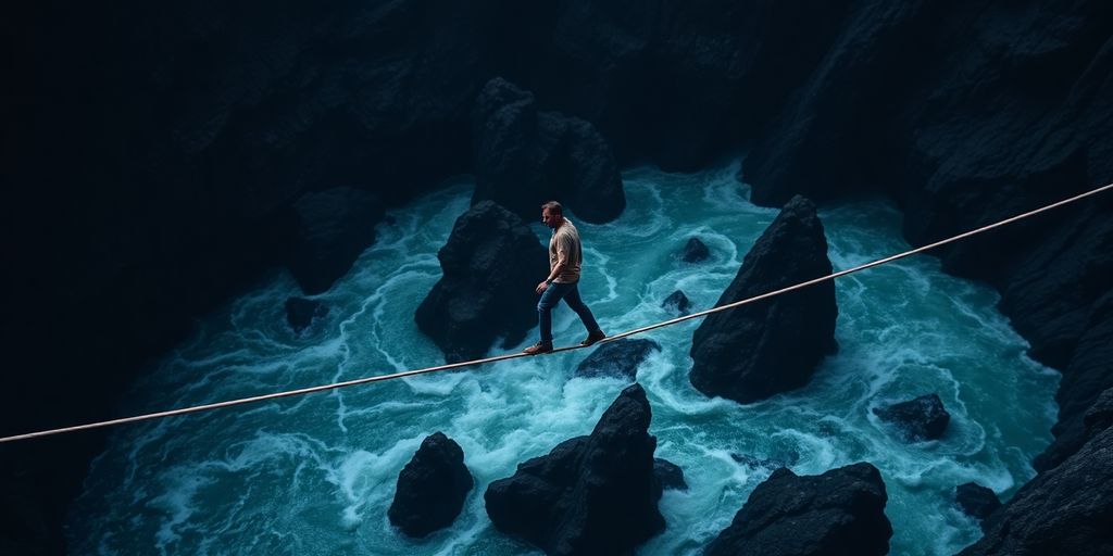 Man walking tightrope over precarious investments