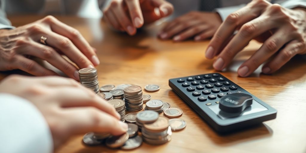 Coins, calculator, and business hands on desk.
