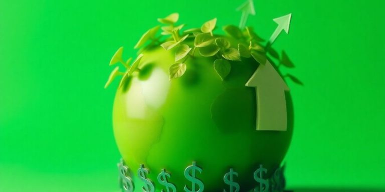 Green globe with leaves, dollar signs, and growth arrows.