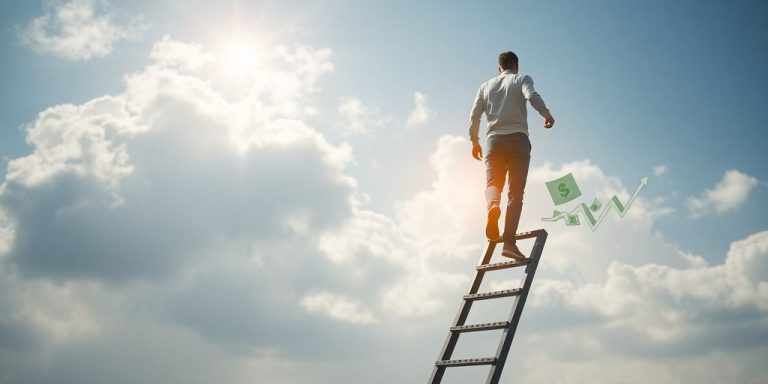 Person climbing a career ladder through financial concepts.