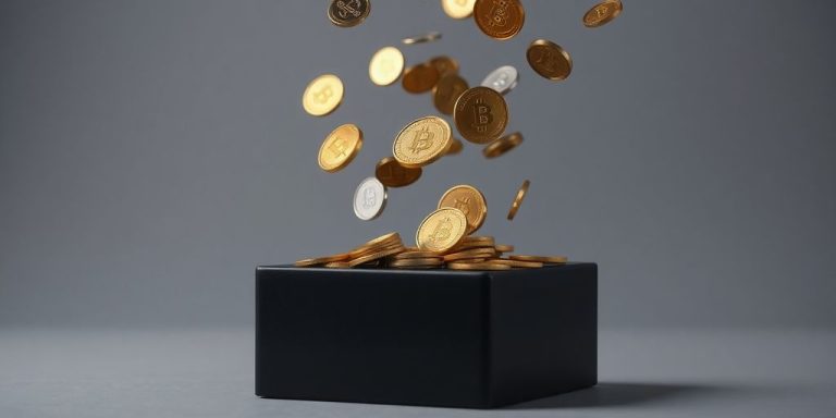 Coins cascading onto a sleek black investment fund box.
