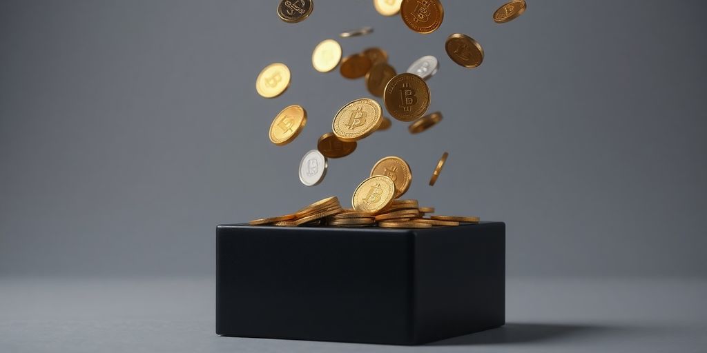 Coins cascading onto a sleek black investment fund box.