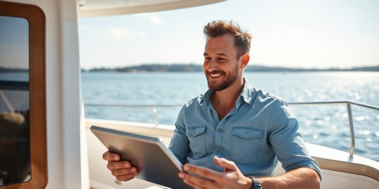 Man smiling on boat, holding tablet calculator.