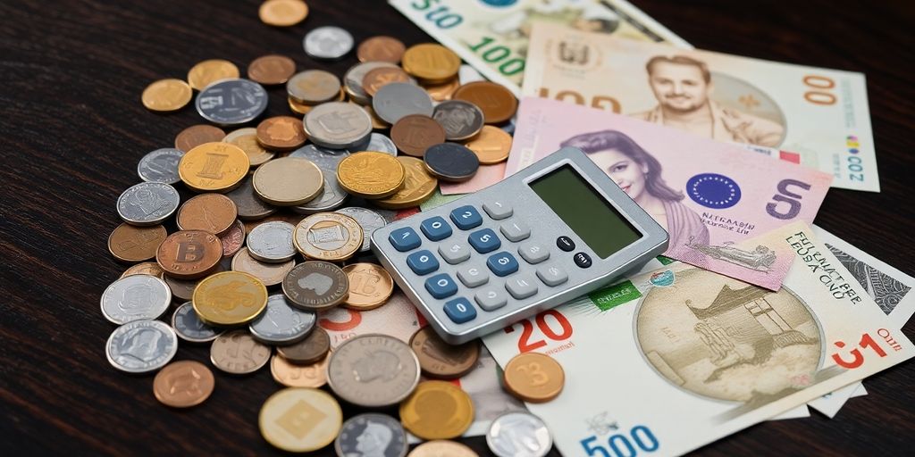 Coins, banknotes, and a small financial calculator.