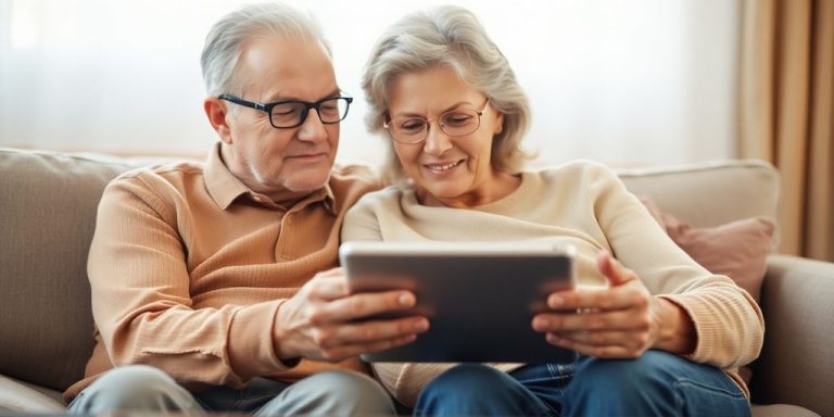 Couple using retirement calculator on tablet.