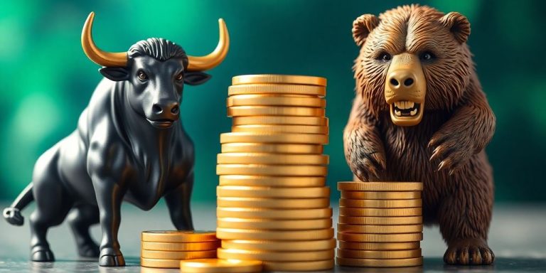 Golden coin stack, bull, bear