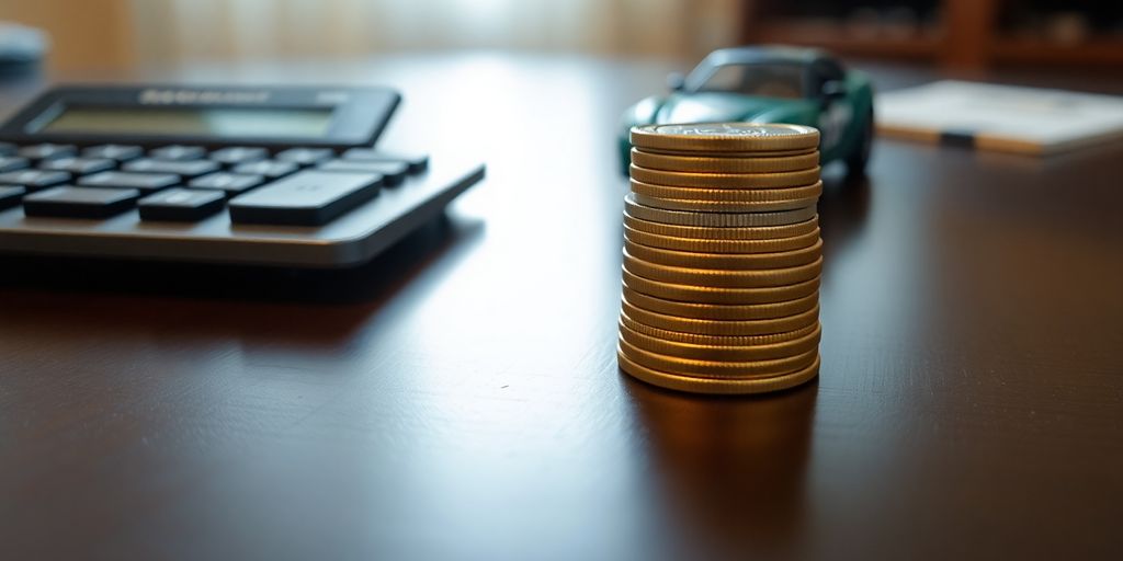 Calculator, car, and coins on a table